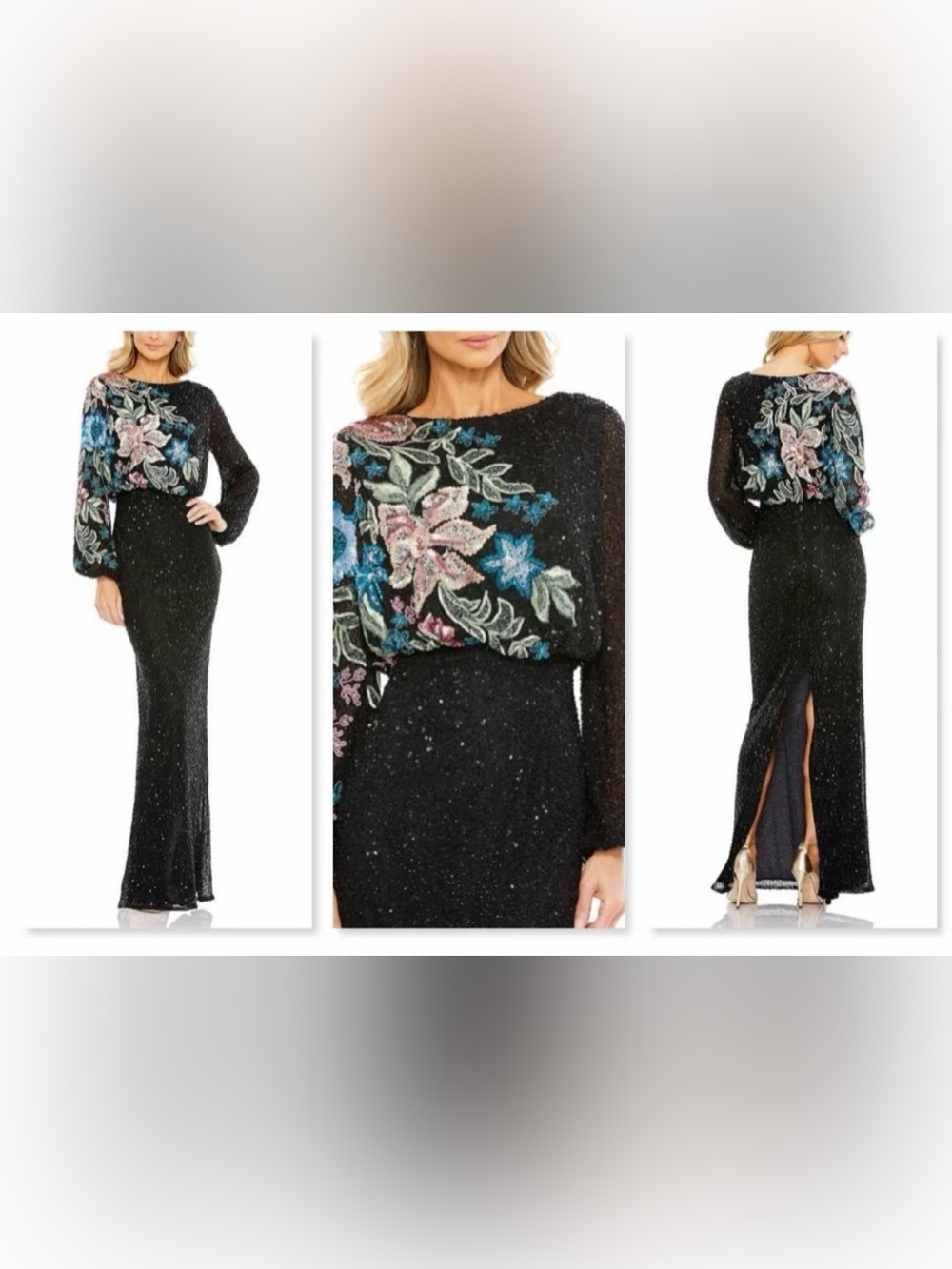 Mac Duggal Black Embellished Long Blouson High Neck Column Gown Sze 14 $598 NWT